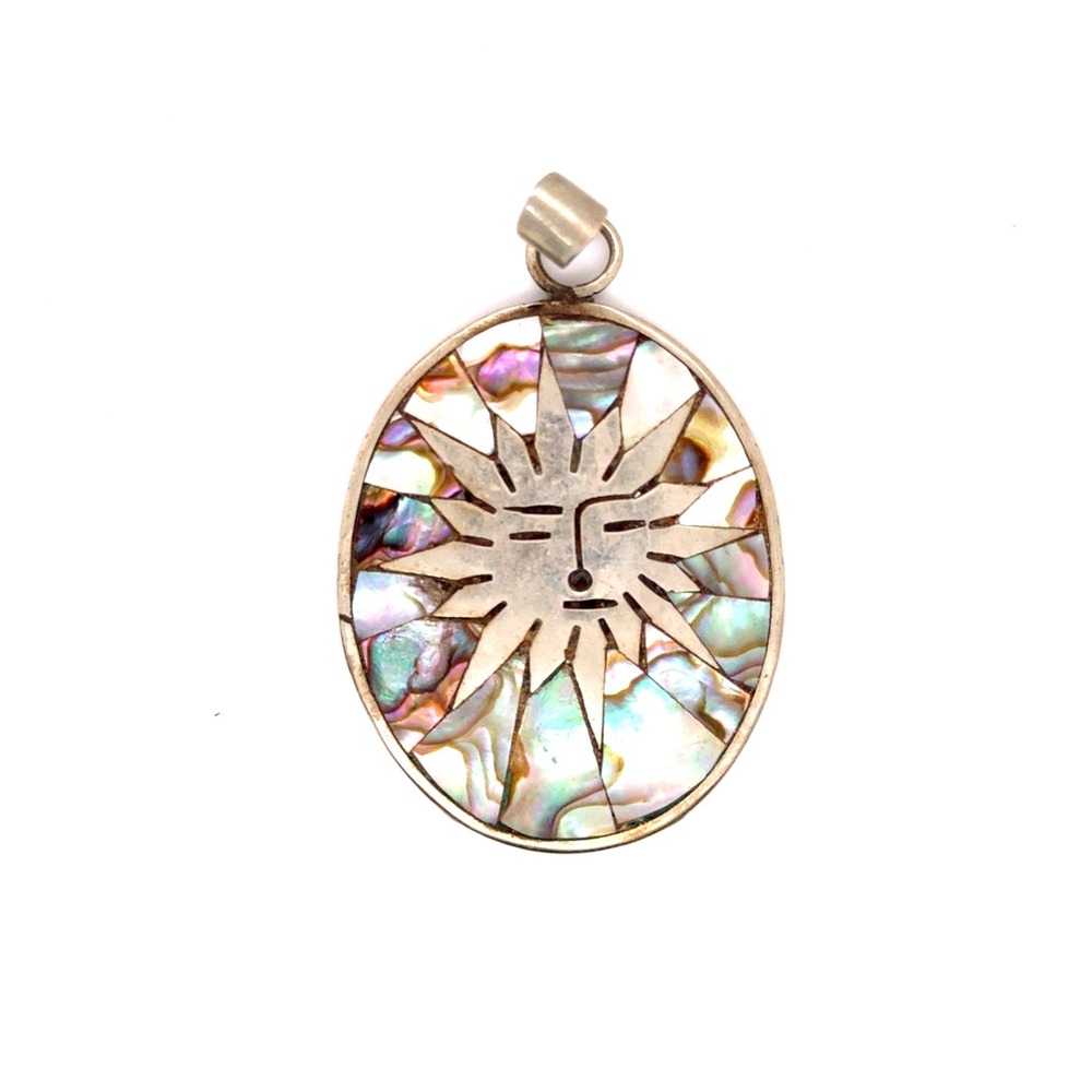 Vintage Mexican Alpaca Silver Abalone Shell Sun Face Oval Pendant Mexico